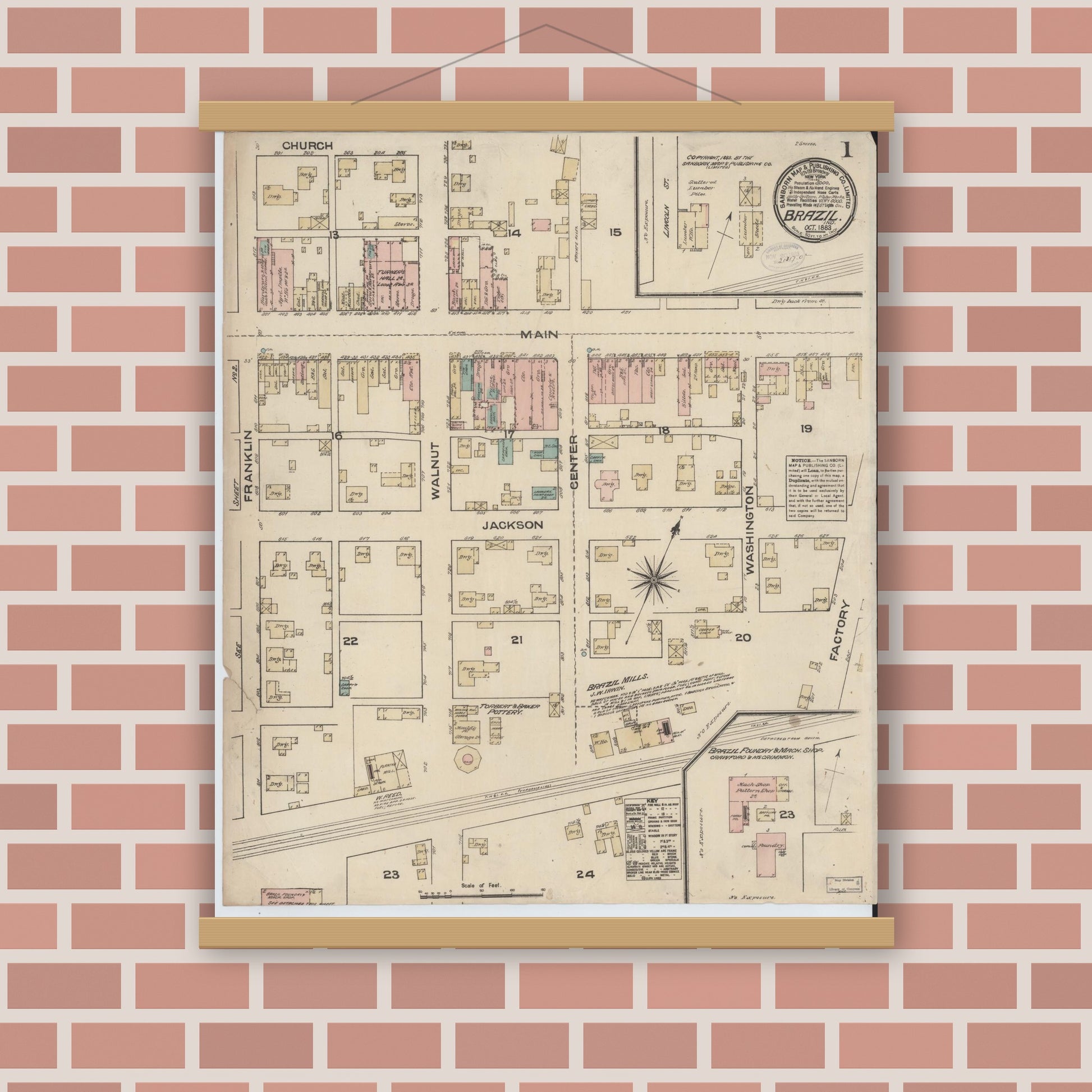 Old map wall art mockup — magnetic wood frame on brick wall — Sanborn Fire Insurance Map from Brazil, Clay County, Indiana (1883) - Complete Map Set