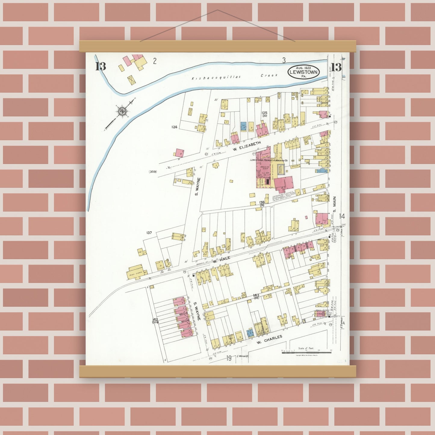 Old map wall art mockup — magnetic wood frame on brick wall — Sanborn Fire Insurance Map from Lewistown, Mifflin County, Pennsylvania (1923), Sheet #0013
