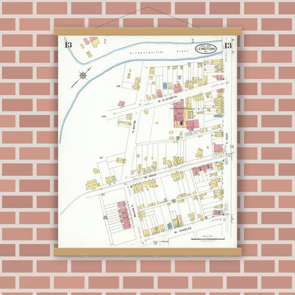 Old map wall art mockup — magnetic wood frame on brick wall — Sanborn Fire Insurance Map from Lewistown, Mifflin County, Pennsylvania (1923), Sheet #0013