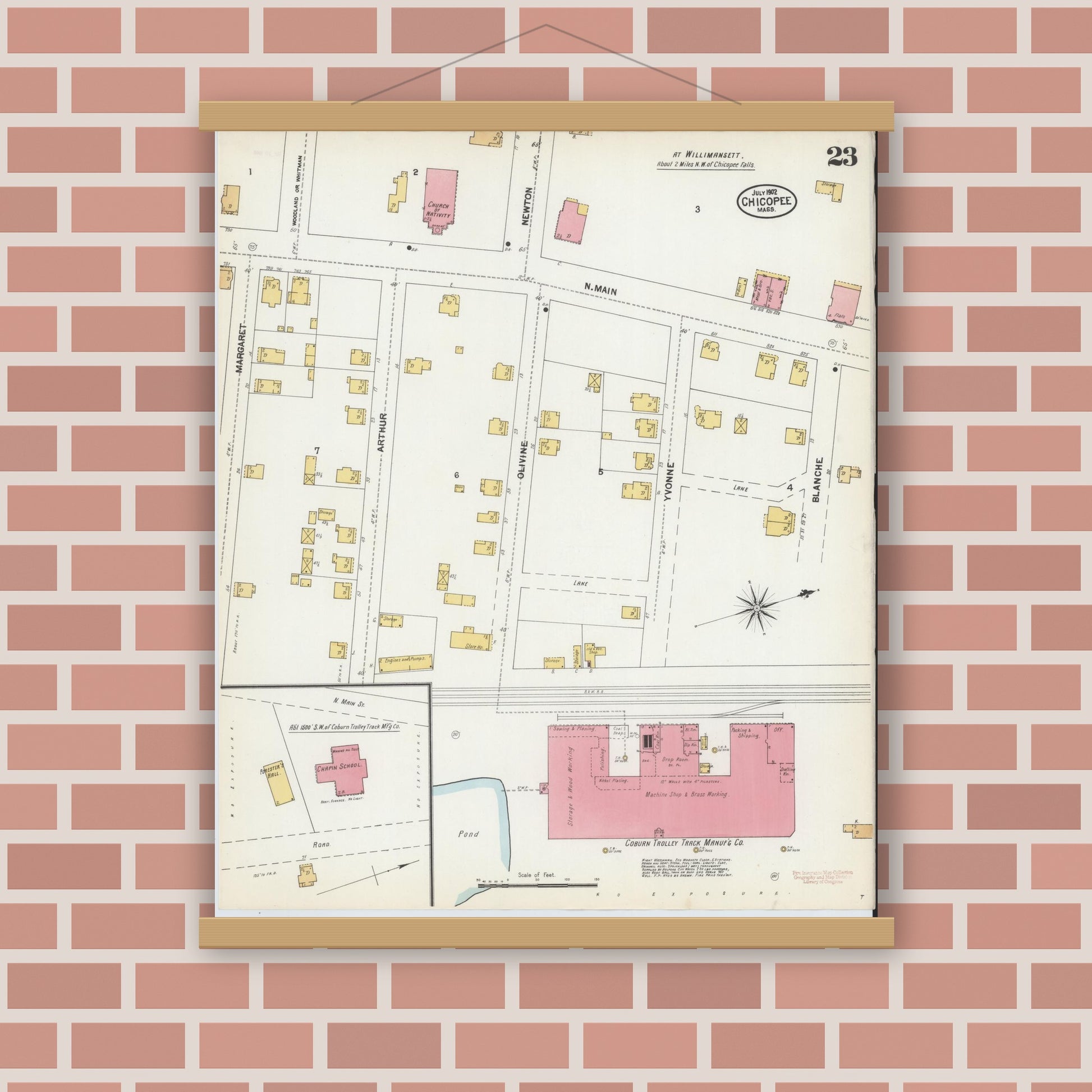 Old map wall art mockup — magnetic wood frame on brick wall — Sanborn Fire Insurance Map from Chicopee, Hampden County, Massachusetts (1902), Sheet #0023