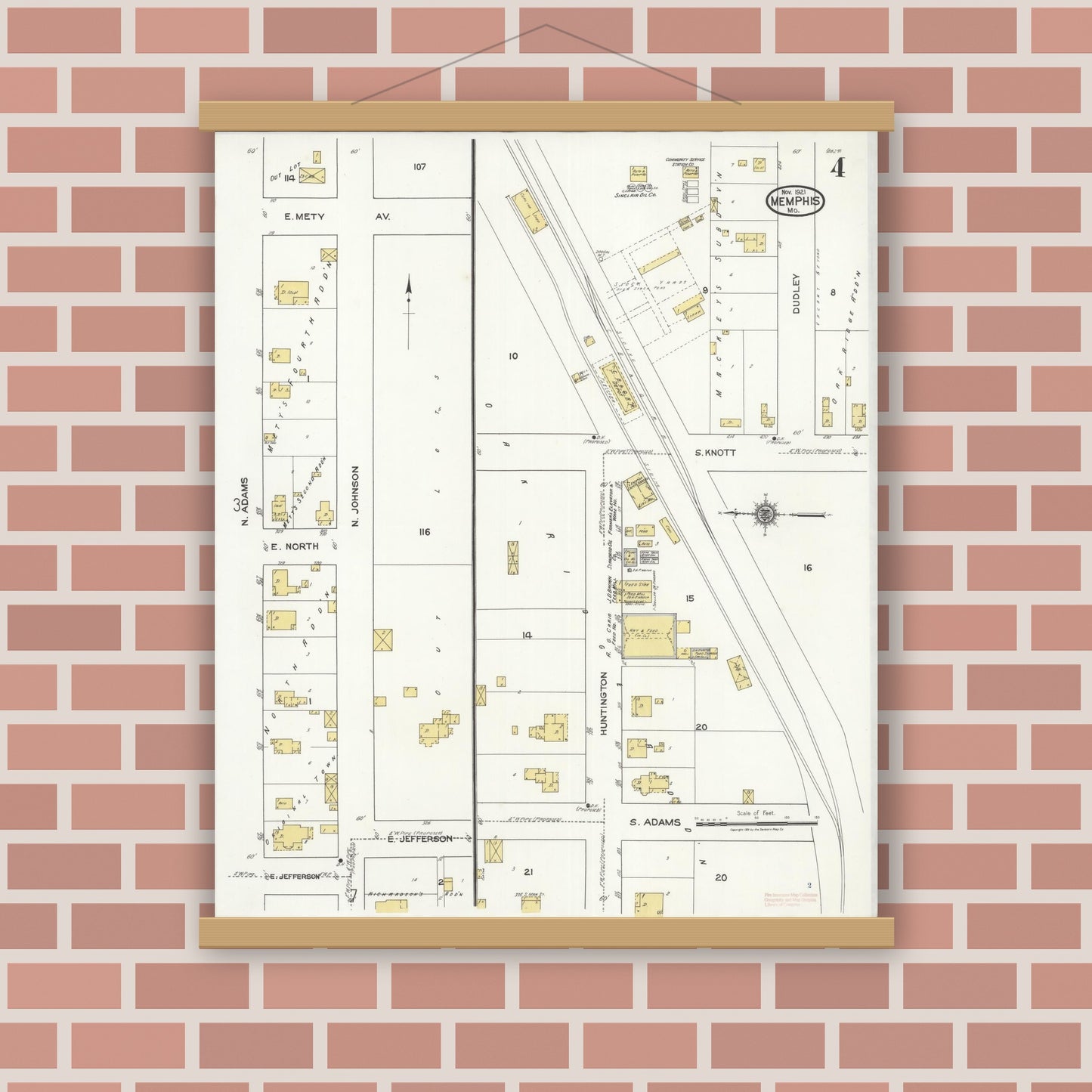 Old map wall art mockup — magnetic wood frame on brick wall — Sanborn Fire Insurance Map from Memphis, Scotland County, Missouri (1921), Sheet #0004