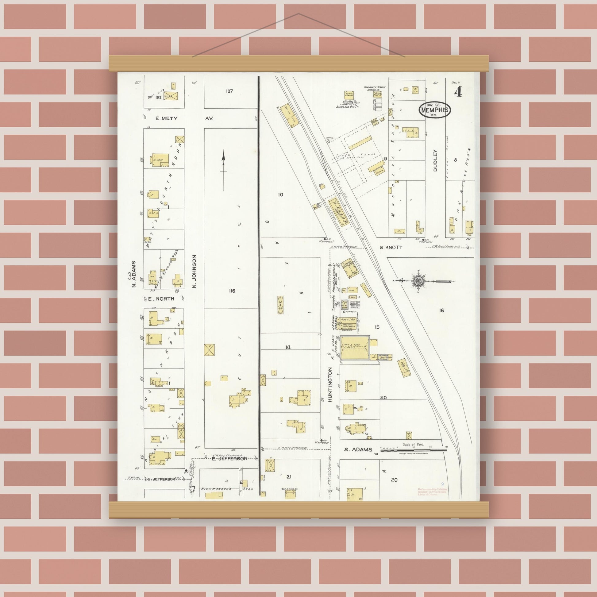 Old map wall art mockup — magnetic wood frame on brick wall — Sanborn Fire Insurance Map from Memphis, Scotland County, Missouri (1921), Sheet #0004