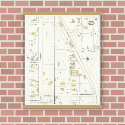 Old map wall art mockup — magnetic wood frame on brick wall — Sanborn Fire Insurance Map from Memphis, Scotland County, Missouri (1921), Sheet #0004