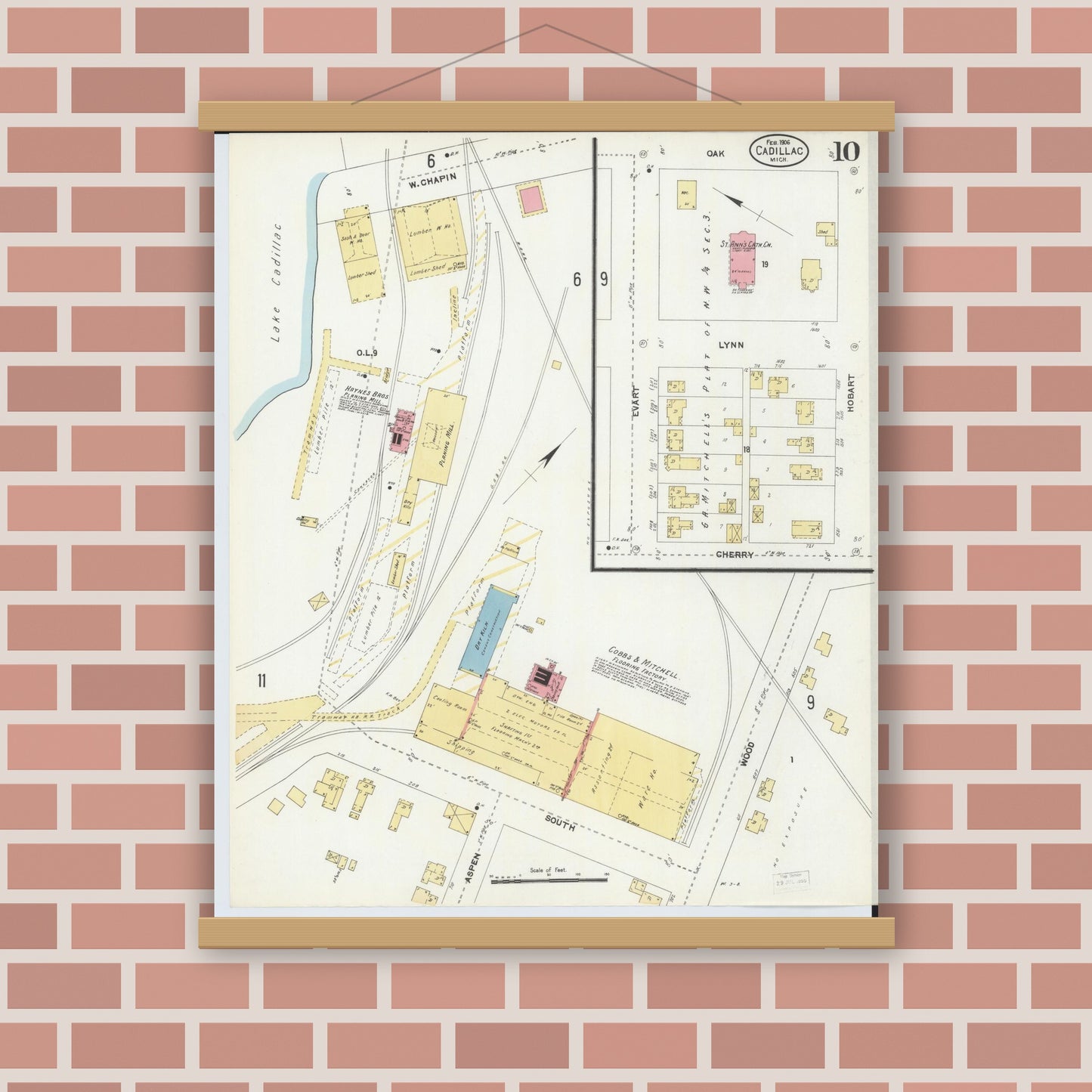 Old map wall art mockup — magnetic wood frame on brick wall — Sanborn Fire Insurance Map from Cadillac, Wexford County, Michigan (1906), Sheet #0010