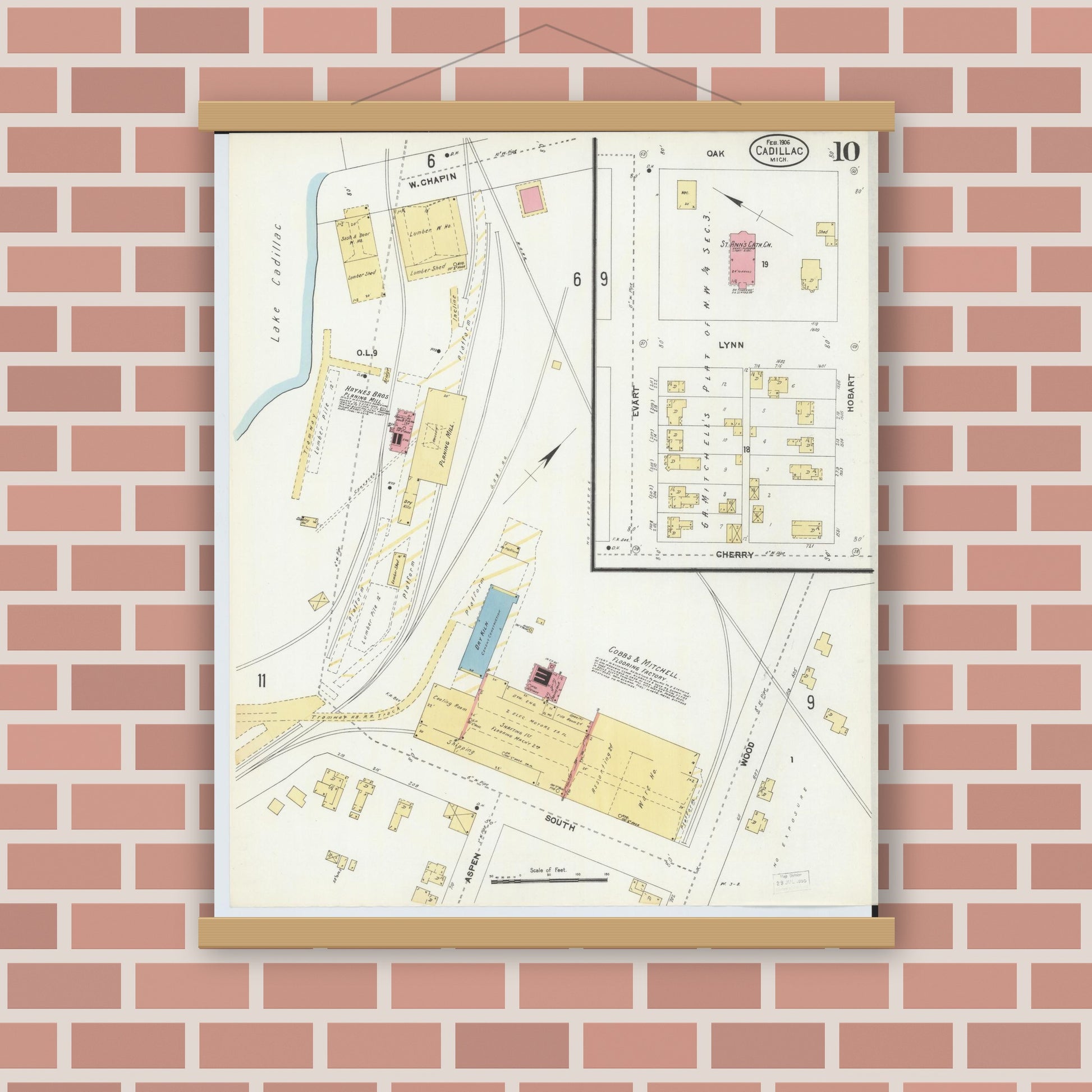 Old map wall art mockup — magnetic wood frame on brick wall — Sanborn Fire Insurance Map from Cadillac, Wexford County, Michigan (1906), Sheet #0010