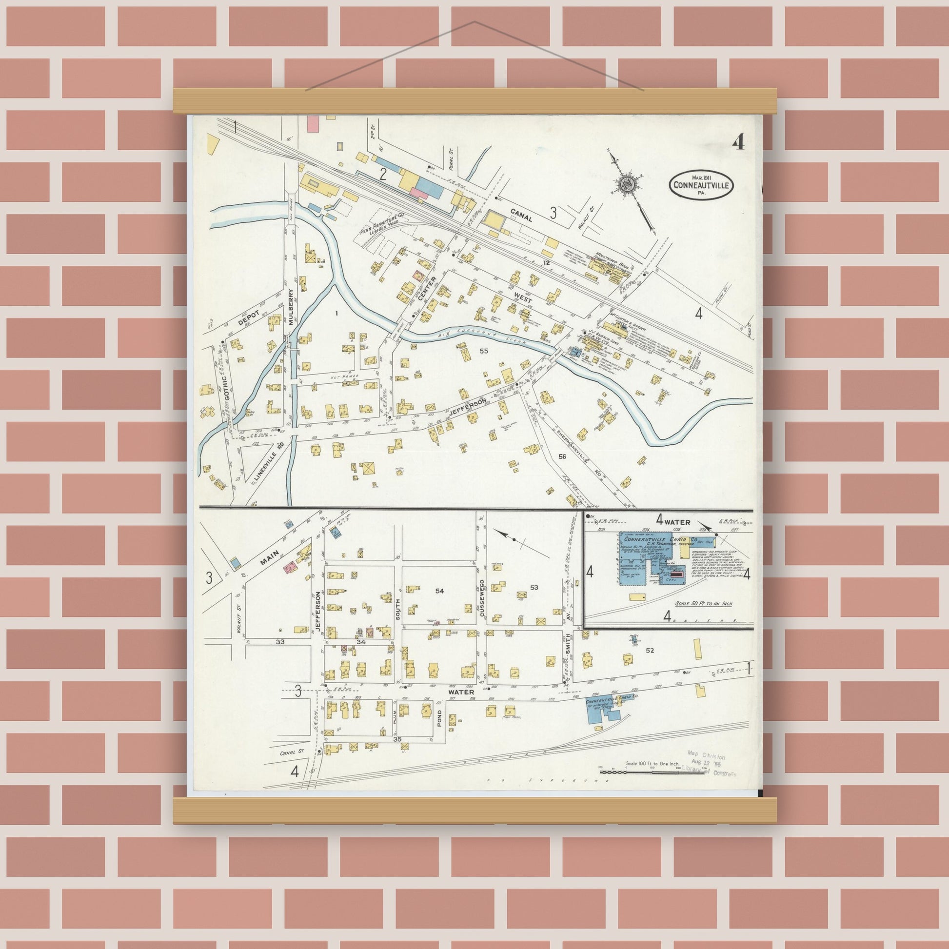Old map wall art mockup — magnetic wood frame on brick wall — Sanborn Fire Insurance Map from Conneautville, Crawford County, Pennsylvania (1911), Sheet #0004