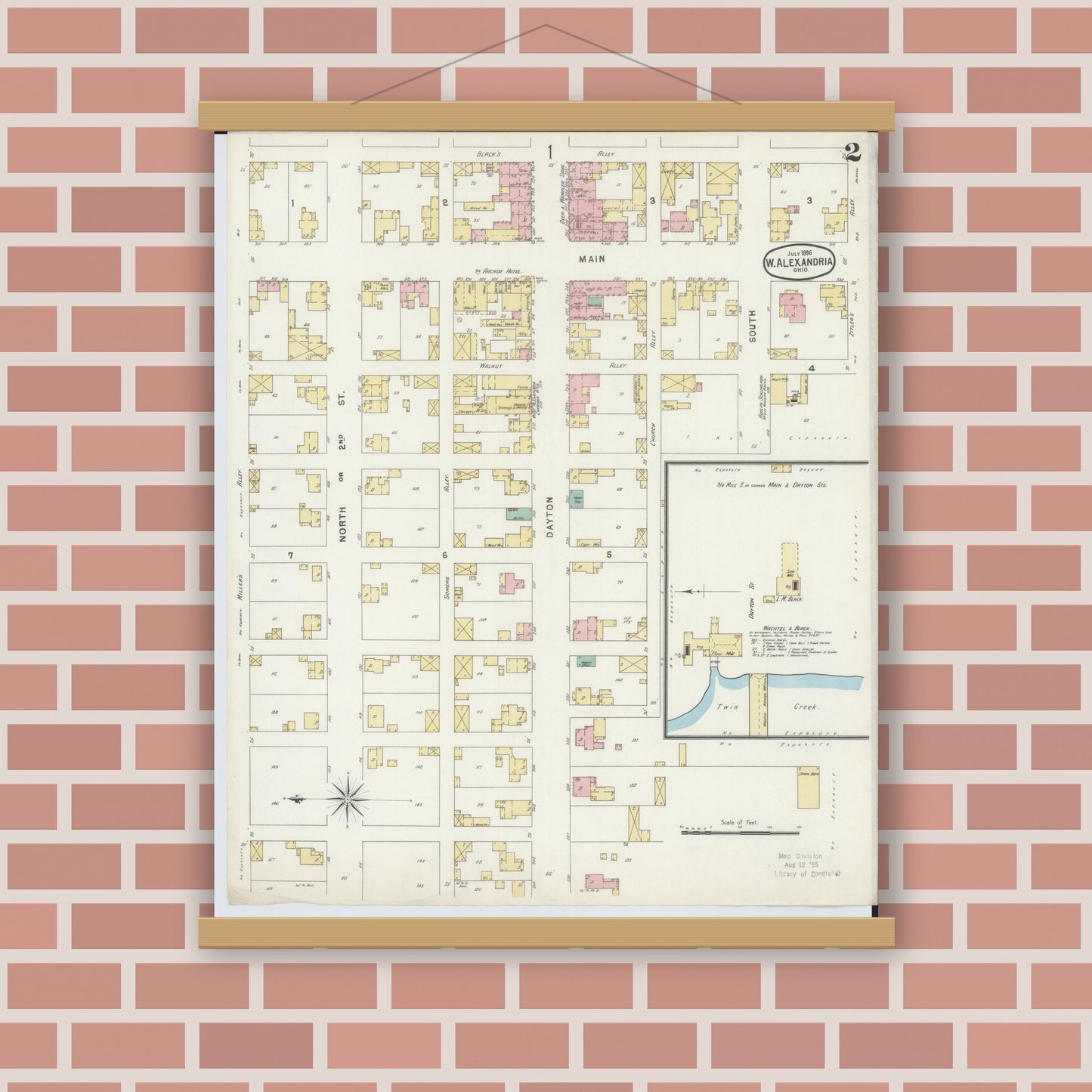 Old map wall art mockup — magnetic wood frame on brick wall — Sanborn Fire Insurance Map from West Alexandria, Preble County, Ohio (1896), Sheet #0002