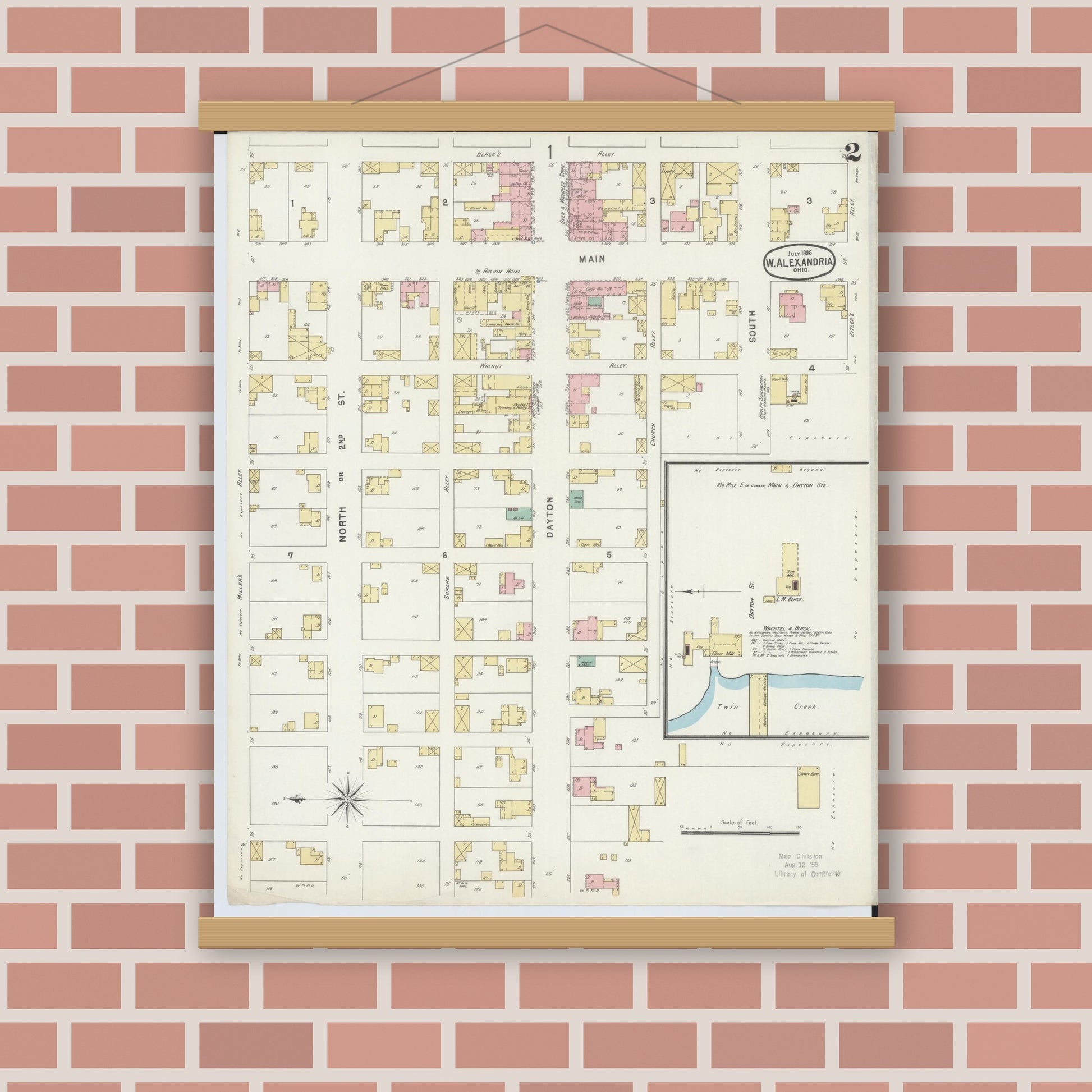 Old map wall art mockup — magnetic wood frame on brick wall — Sanborn Fire Insurance Map from West Alexandria, Preble County, Ohio (1896), Sheet #0002