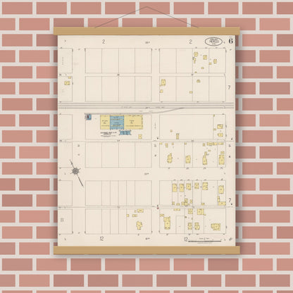 Old map wall art mockup — magnetic wood frame on brick wall — Sanborn Fire Insurance Map from Merced, Merced County, California (1922), Sheet #0006