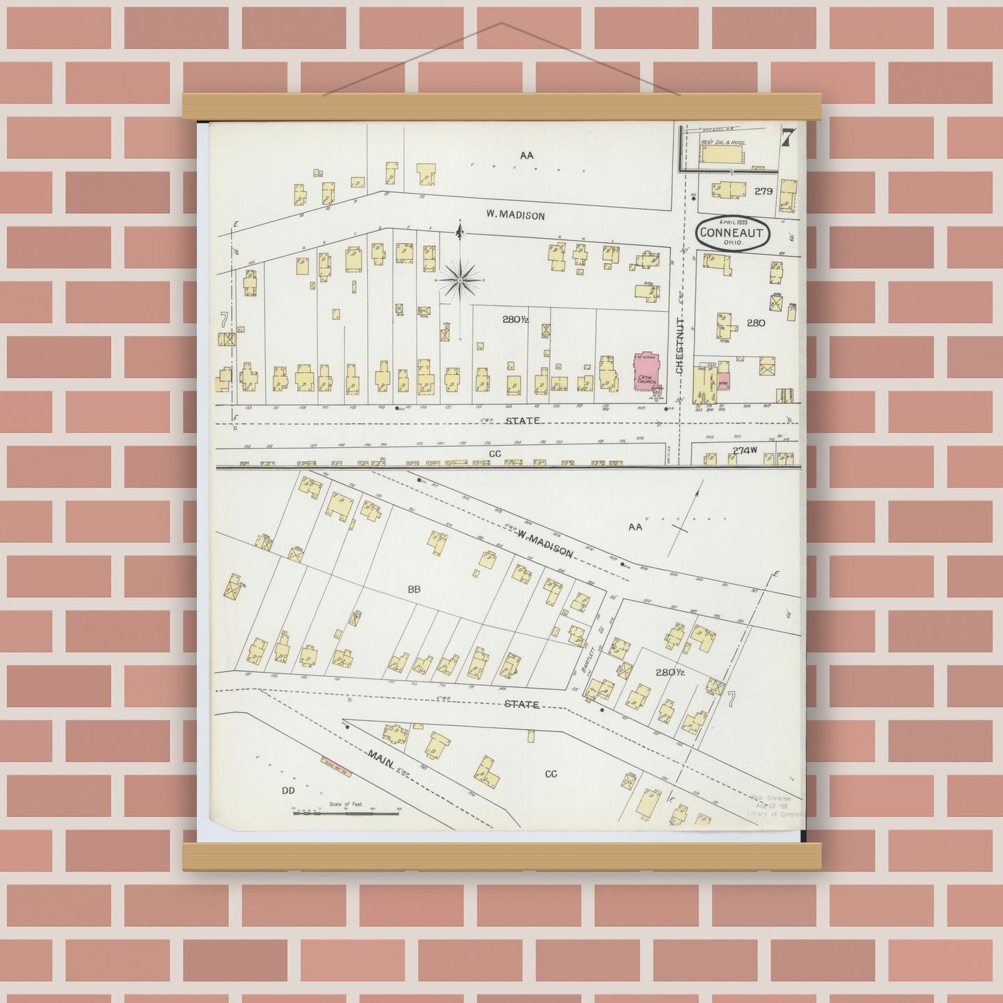 Old map wall art mockup — magnetic wood frame on brick wall — Sanborn Fire Insurance Map from Conneaut, Ashtabula County, Ohio (1893), Sheet #0007