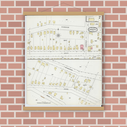 Old map wall art mockup — magnetic wood frame on brick wall — Sanborn Fire Insurance Map from Conneaut, Ashtabula County, Ohio (1893), Sheet #0007