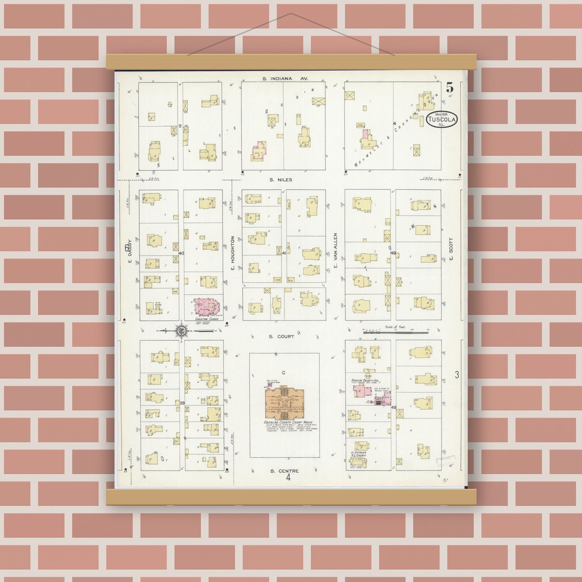 Old map wall art mockup — magnetic wood frame on brick wall — Sanborn Fire Insurance Map from Tuscola, Douglas County, Illinois (1914), Sheet #0005
