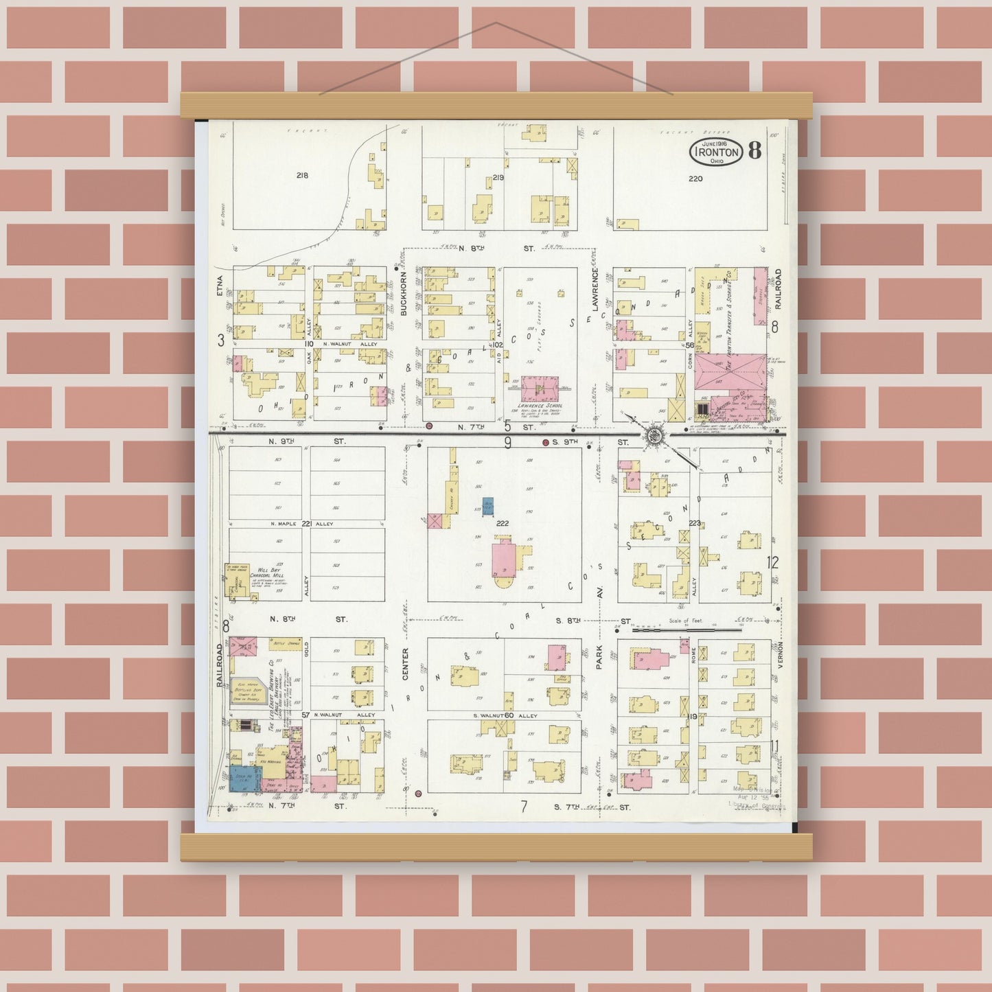 Old map wall art mockup — magnetic wood frame on brick wall — Sanborn Fire Insurance Map from Ironton, Lawrence County, Ohio (1916), Sheet #0008