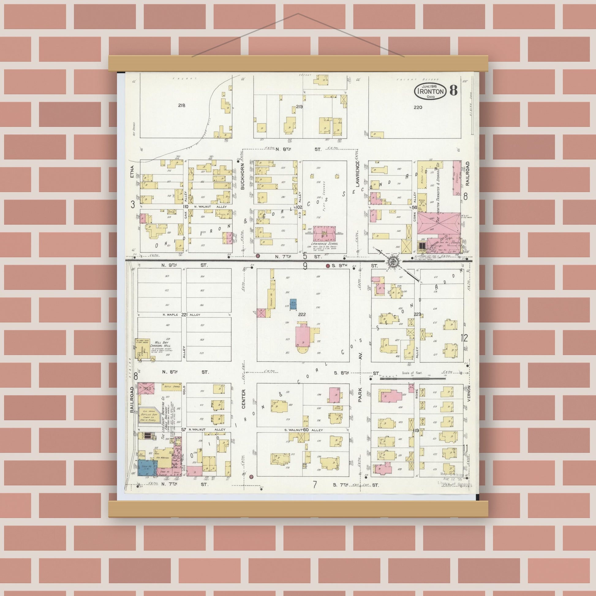 Old map wall art mockup — magnetic wood frame on brick wall — Sanborn Fire Insurance Map from Ironton, Lawrence County, Ohio (1916), Sheet #0008