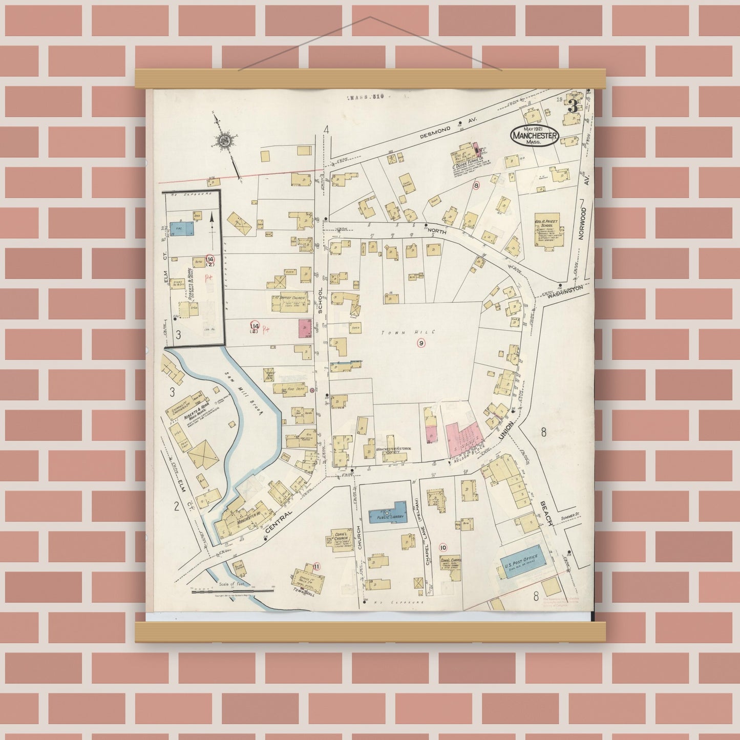 Old map wall art mockup — magnetic wood frame on brick wall — Sanborn Fire Insurance Map from Manchester, Essex County, Massachusetts (1941), Sheet #0003