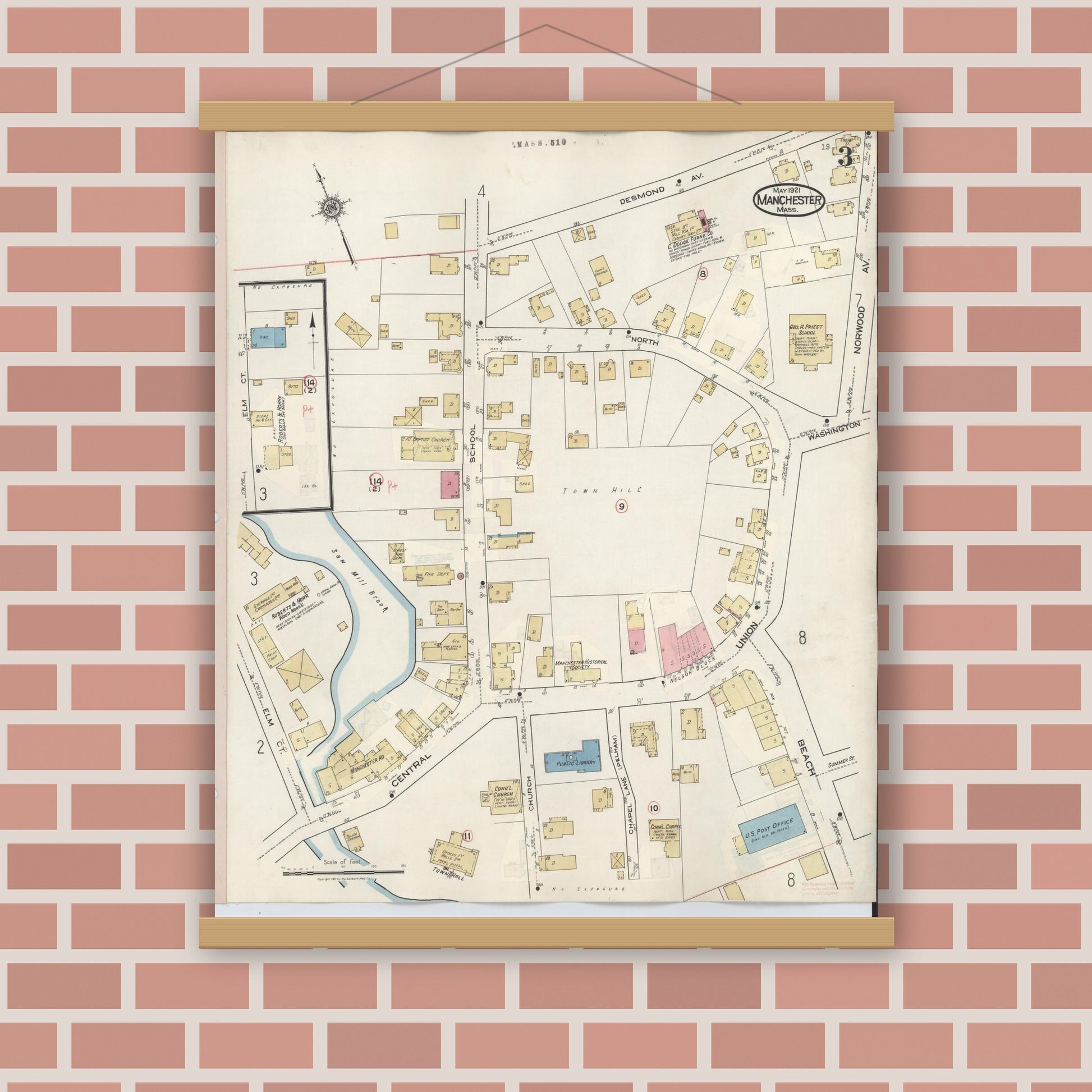 Old map wall art mockup — magnetic wood frame on brick wall — Sanborn Fire Insurance Map from Manchester, Essex County, Massachusetts (1941), Sheet #0003