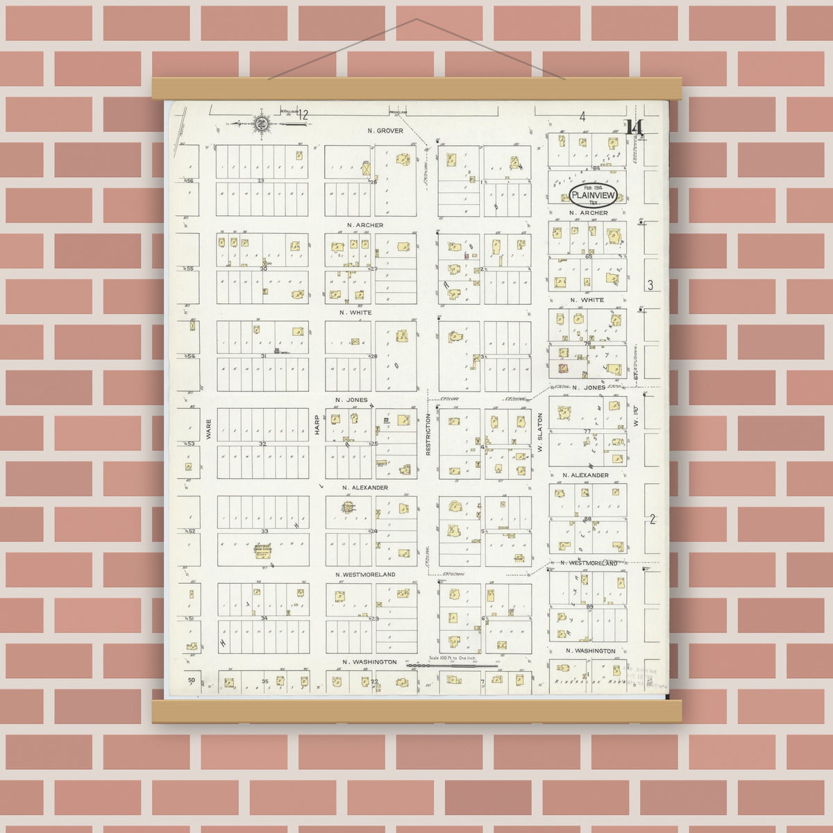 Old map wall art mockup — magnetic wood frame on brick wall — Sanborn Fire Insurance Map from Plainview, Hale County, Texas (1914), Sheet #0014