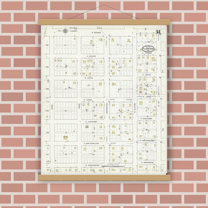 Old map wall art mockup — magnetic wood frame on brick wall — Sanborn Fire Insurance Map from Plainview, Hale County, Texas (1914), Sheet #0014