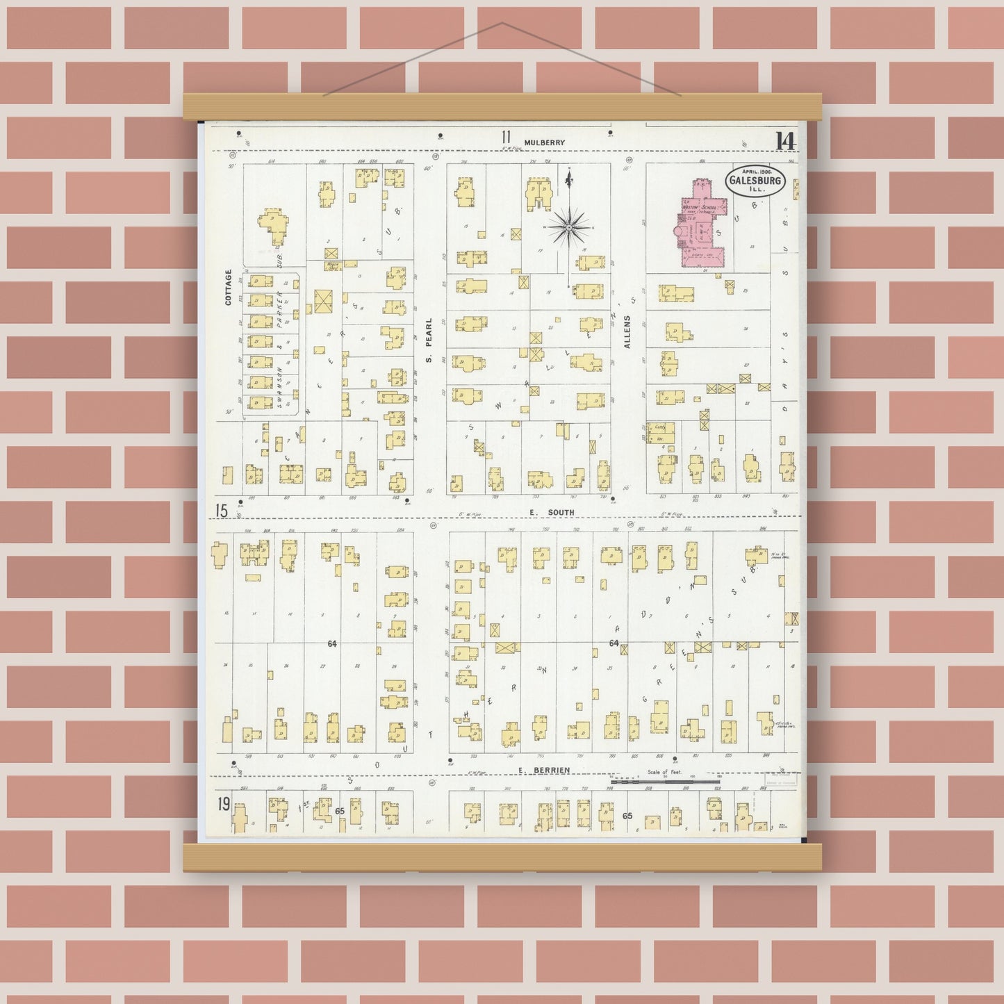 Old map wall art mockup — magnetic wood frame on brick wall — Sanborn Fire Insurance Map from Galesburg, Knox County, Illinois (1906), Sheet #0014