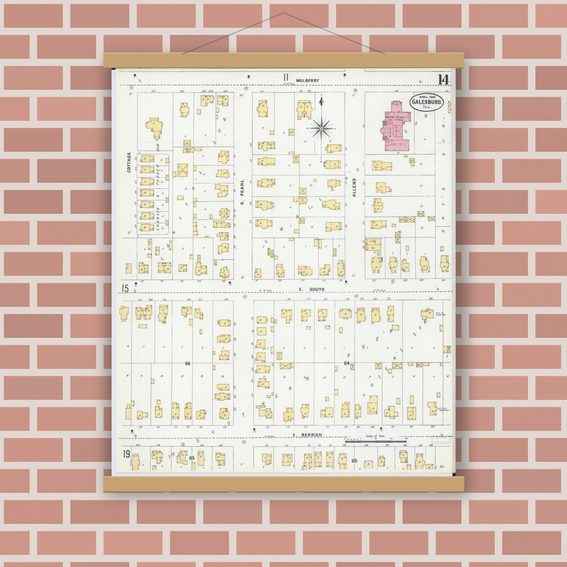 Old map wall art mockup — magnetic wood frame on brick wall — Sanborn Fire Insurance Map from Galesburg, Knox County, Illinois (1906), Sheet #0014