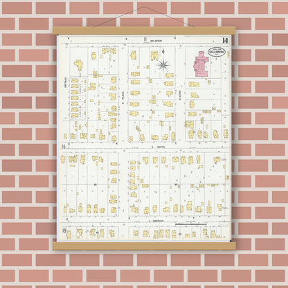 Old map wall art mockup — magnetic wood frame on brick wall — Sanborn Fire Insurance Map from Galesburg, Knox County, Illinois (1906), Sheet #0014