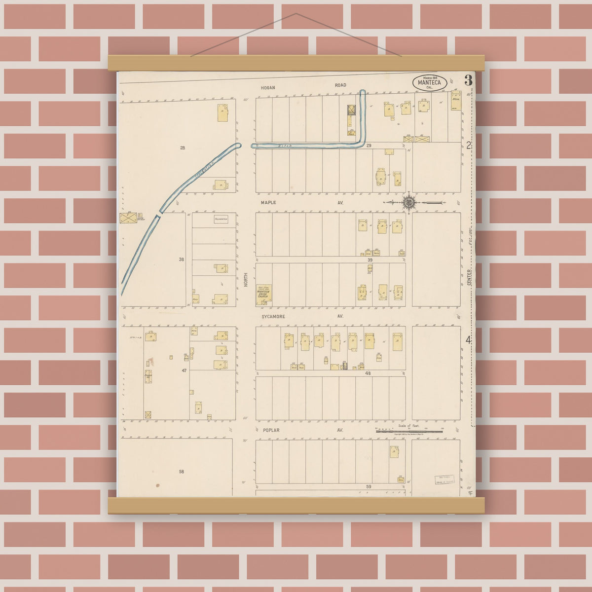 Old map wall art mockup — magnetic wood frame on brick wall — Sanborn Fire Insurance Map from Manteca, San Joaquin County, California (1918), Sheet #0003