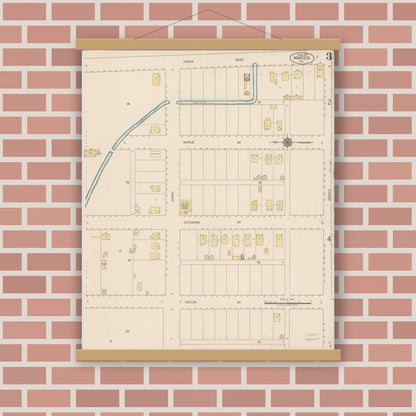 Old map wall art mockup — magnetic wood frame on brick wall — Sanborn Fire Insurance Map from Manteca, San Joaquin County, California (1918), Sheet #0003