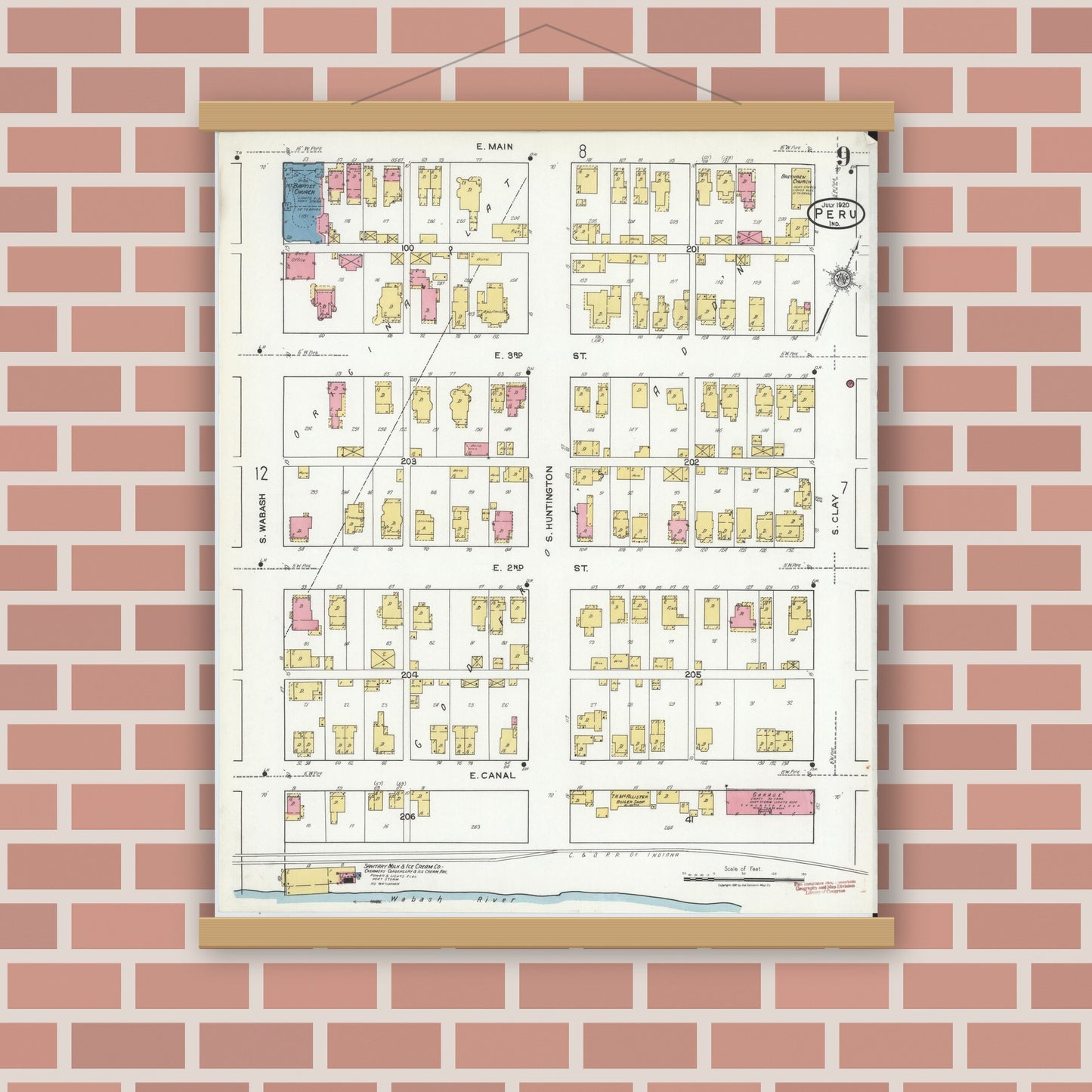 Old map wall art mockup — magnetic wood frame on brick wall — Sanborn Fire Insurance Map from Peru, Miami County, Indiana (1920), Sheet #0009