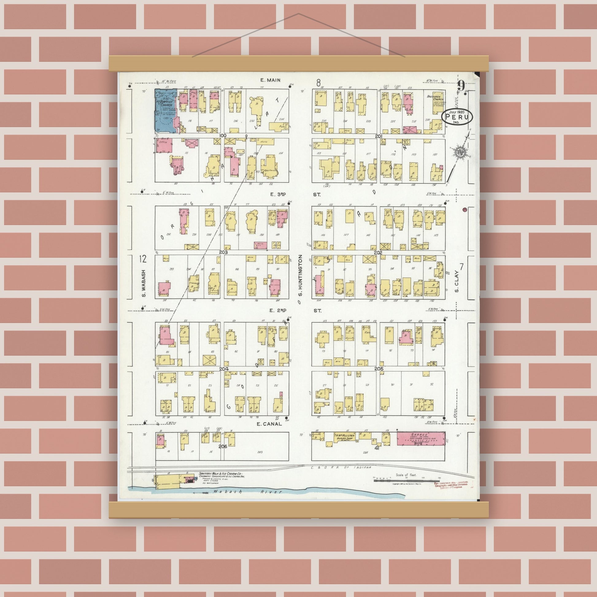 Old map wall art mockup — magnetic wood frame on brick wall — Sanborn Fire Insurance Map from Peru, Miami County, Indiana (1920), Sheet #0009