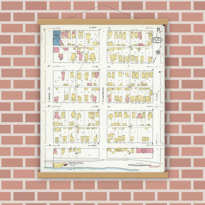 Old map wall art mockup — magnetic wood frame on brick wall — Sanborn Fire Insurance Map from Peru, Miami County, Indiana (1920), Sheet #0009