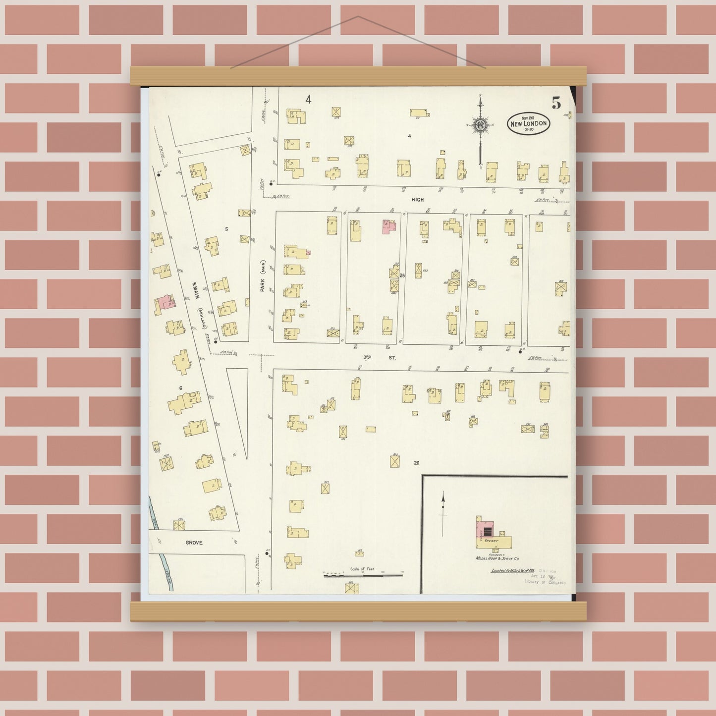 Old map wall art mockup — magnetic wood frame on brick wall — Sanborn Fire Insurance Map from New London, Huron County, Ohio (1911), Sheet #0005