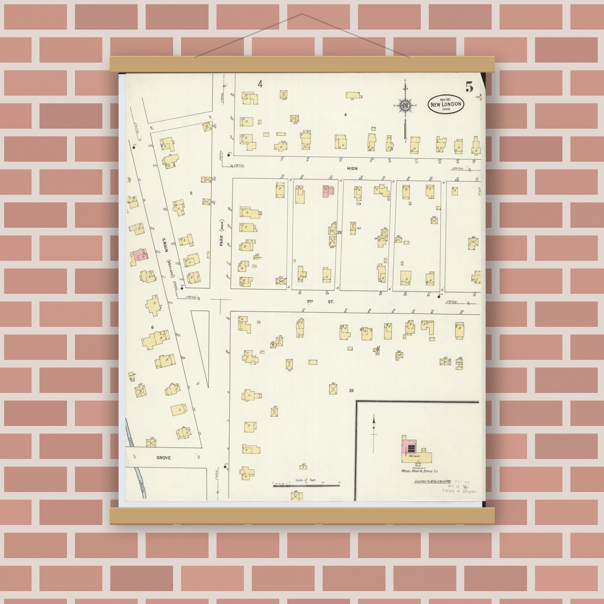 Old map wall art mockup — magnetic wood frame on brick wall — Sanborn Fire Insurance Map from New London, Huron County, Ohio (1911), Sheet #0005