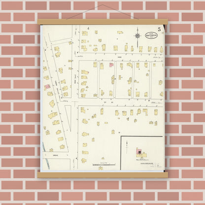 Old map wall art mockup — magnetic wood frame on brick wall — Sanborn Fire Insurance Map from New London, Huron County, Ohio (1911), Sheet #0005