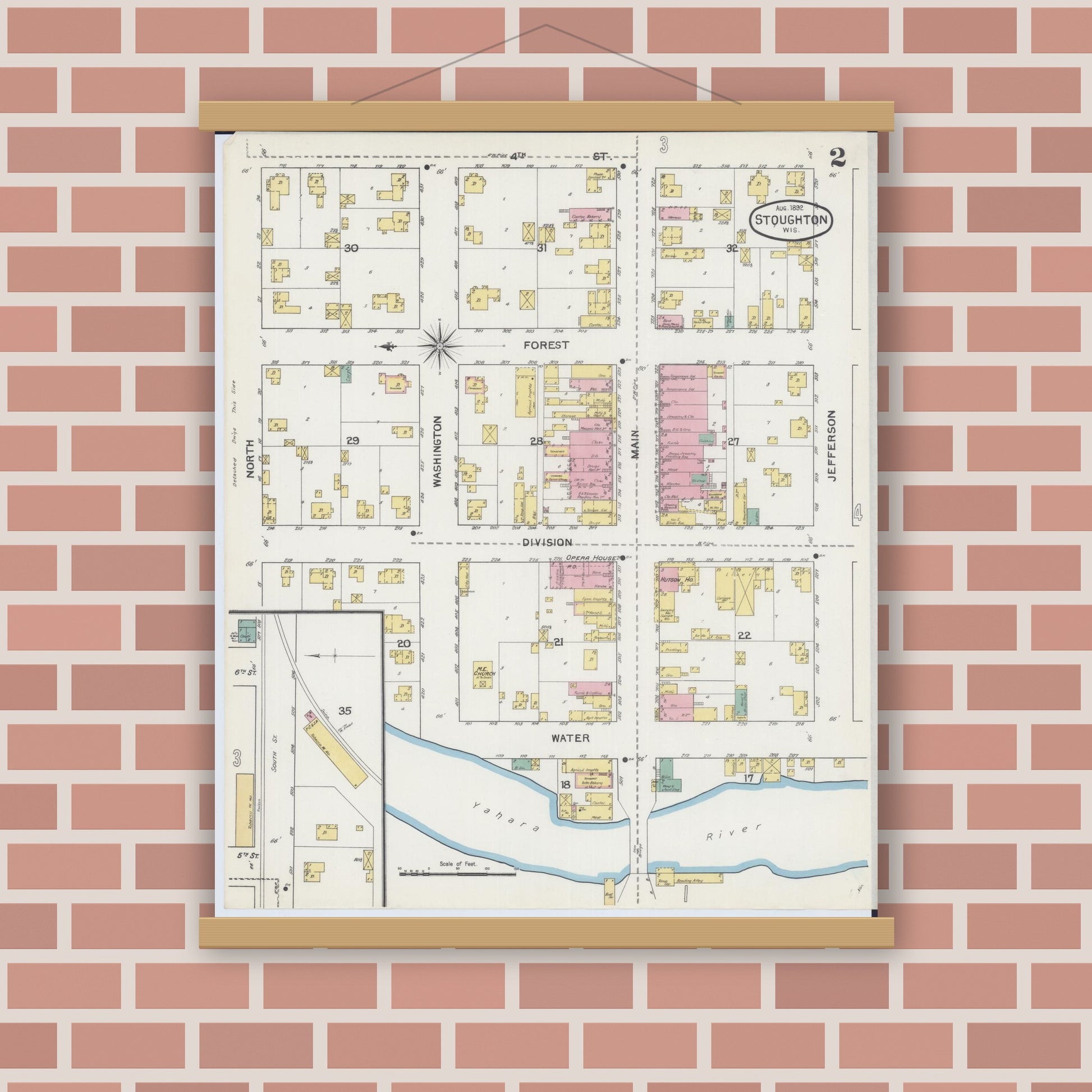 Old map wall art mockup — magnetic wood frame on brick wall — Sanborn Fire Insurance Map from Stoughton, Dane County, Wisconsin (1892), Sheet #0002