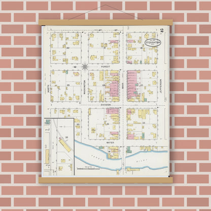 Old map wall art mockup — magnetic wood frame on brick wall — Sanborn Fire Insurance Map from Stoughton, Dane County, Wisconsin (1892), Sheet #0002