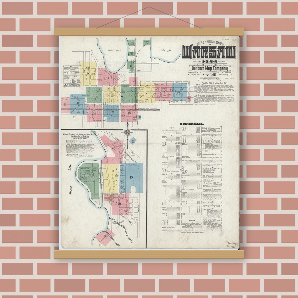 Old map wall art mockup — magnetic wood frame on brick wall — Sanborn Fire Insurance Map from Warsaw, Kosciusko County, Indiana (1910), Sheet #0001