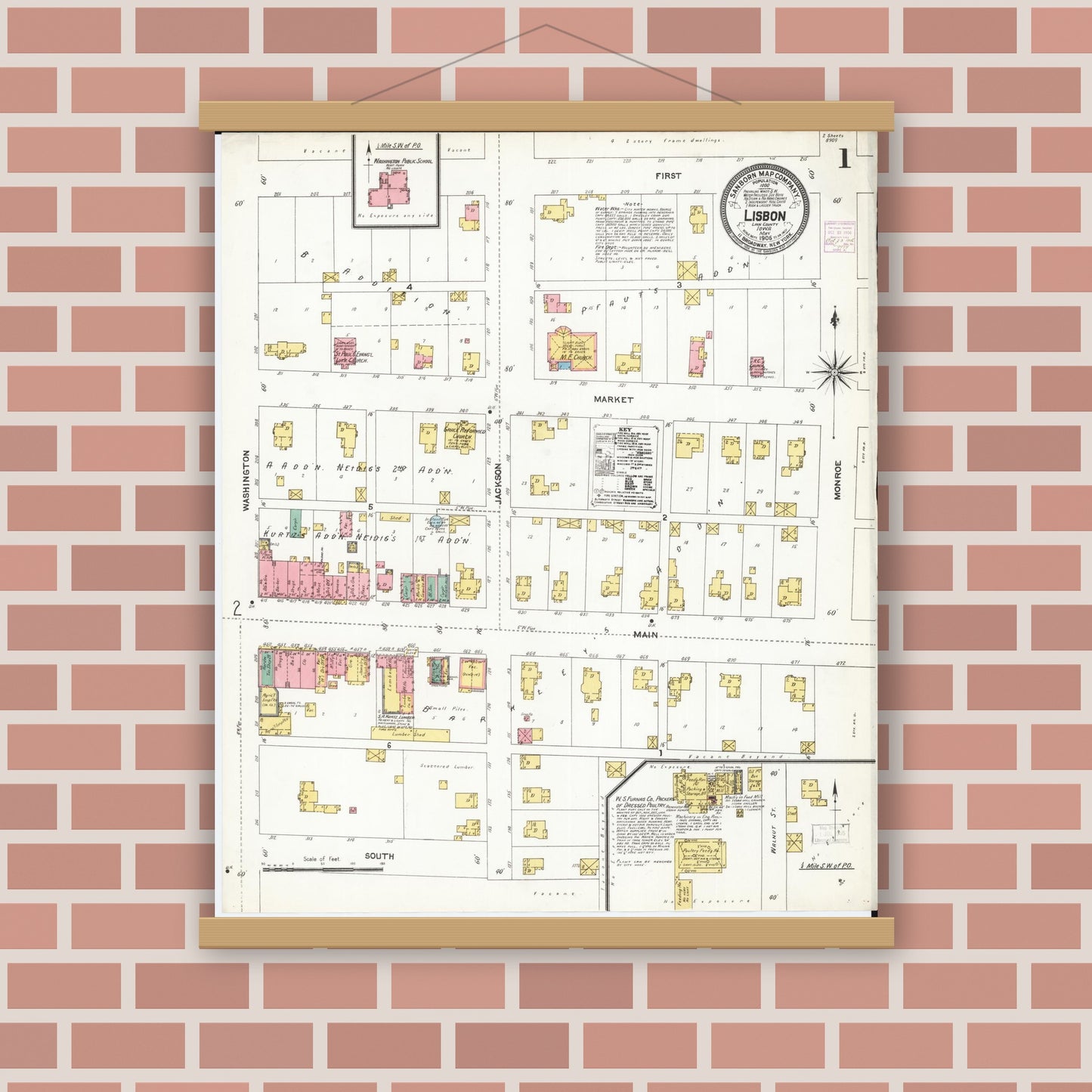 Old map wall art mockup — magnetic wood frame on brick wall — Sanborn Fire Insurance Map from Lisbon, Linn County, Iowa (1906), Sheet #0001