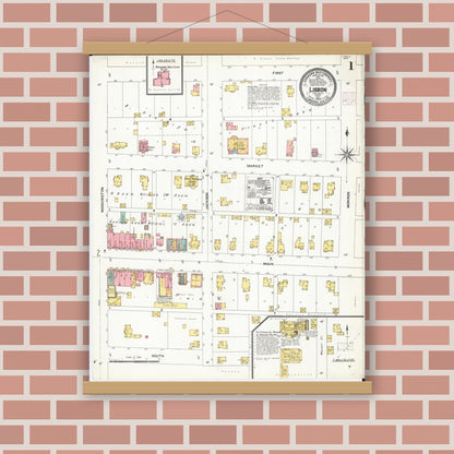 Old map wall art mockup — magnetic wood frame on brick wall — Sanborn Fire Insurance Map from Lisbon, Linn County, Iowa (1906), Sheet #0001