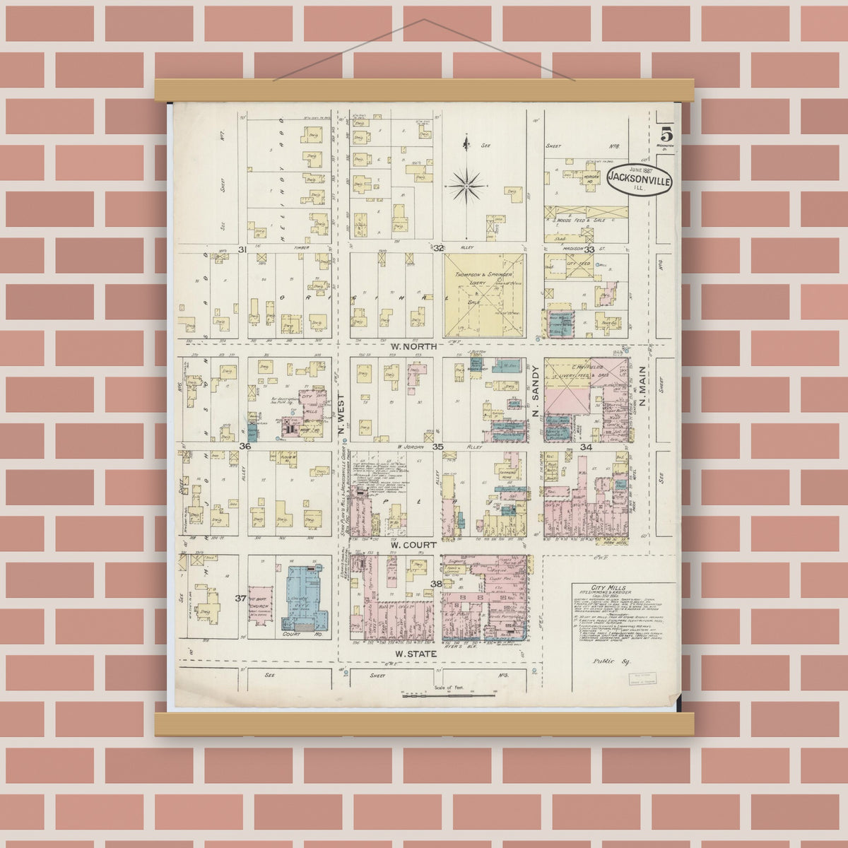 Old map wall art mockup — magnetic wood frame on brick wall — Sanborn Fire Insurance Map from Jacksonville, Morgan County, Illinois (1887), Sheet #0005
