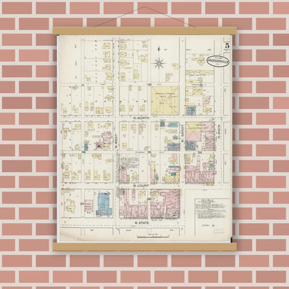 Old map wall art mockup — magnetic wood frame on brick wall — Sanborn Fire Insurance Map from Jacksonville, Morgan County, Illinois (1887), Sheet #0005