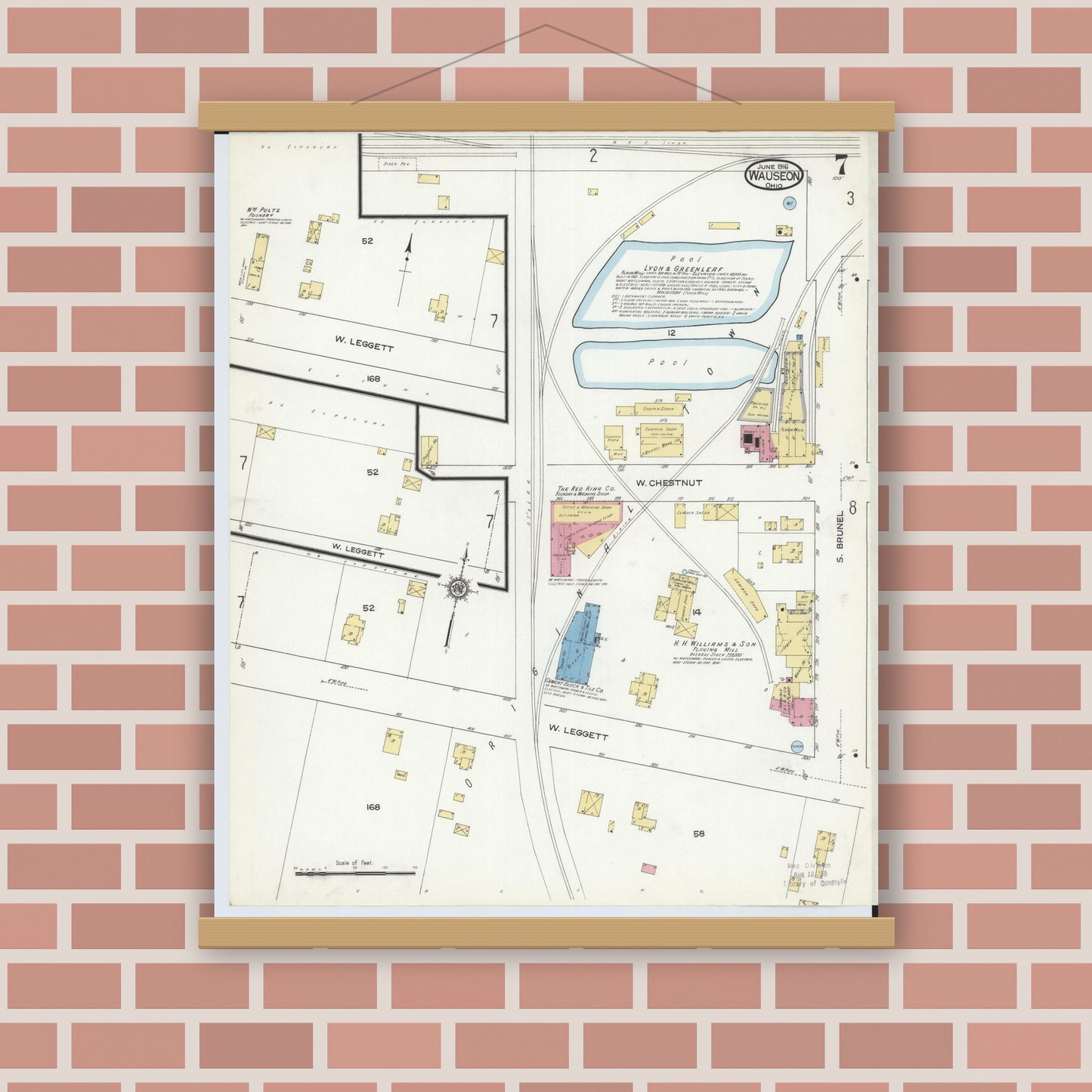 Old map wall art mockup — magnetic wood frame on brick wall — Sanborn Fire Insurance Map from Wauseon, Fulton County, Ohio (1916), Sheet #0007