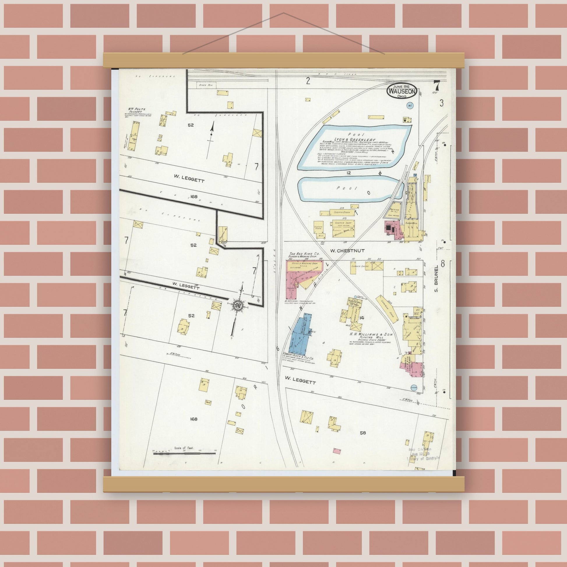 Old map wall art mockup — magnetic wood frame on brick wall — Sanborn Fire Insurance Map from Wauseon, Fulton County, Ohio (1916), Sheet #0007