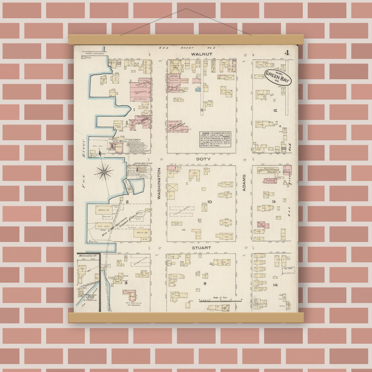 Old map wall art mockup — magnetic wood frame on brick wall — Sanborn Fire Insurance Map from Green Bay, Brown County, Wisconsin (1883), Sheet #0004