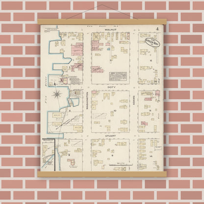 Old map wall art mockup — magnetic wood frame on brick wall — Sanborn Fire Insurance Map from Green Bay, Brown County, Wisconsin (1883), Sheet #0004
