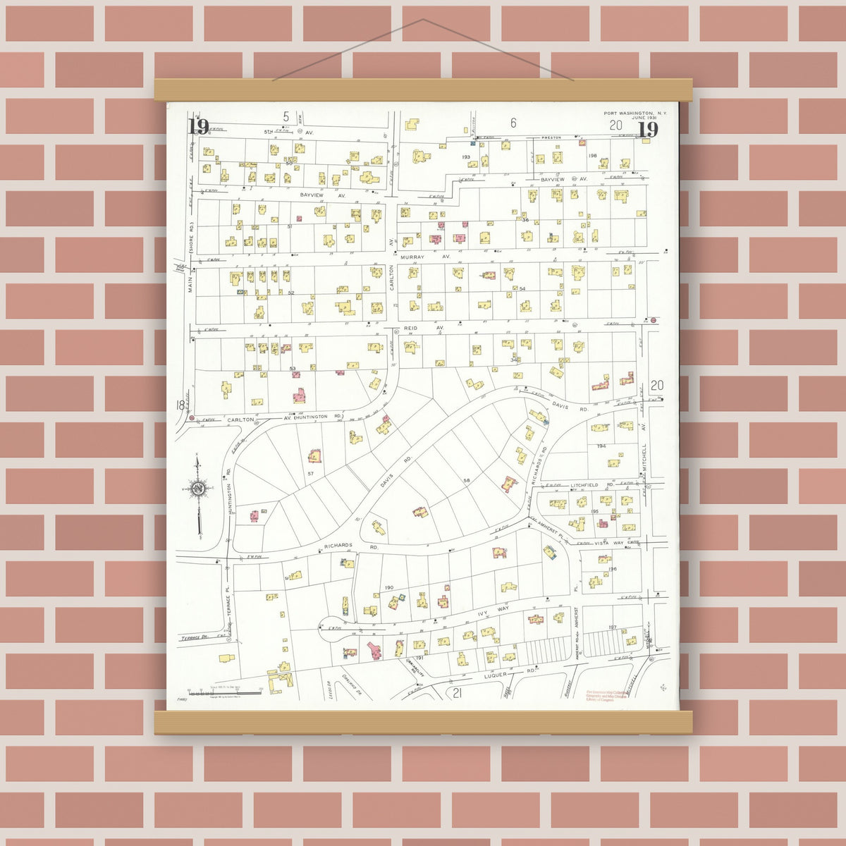 Old map wall art mockup — magnetic wood frame on brick wall — Sanborn Fire Insurance Map from Port Washington, Nassau County, New York (1931), Sheet #0019