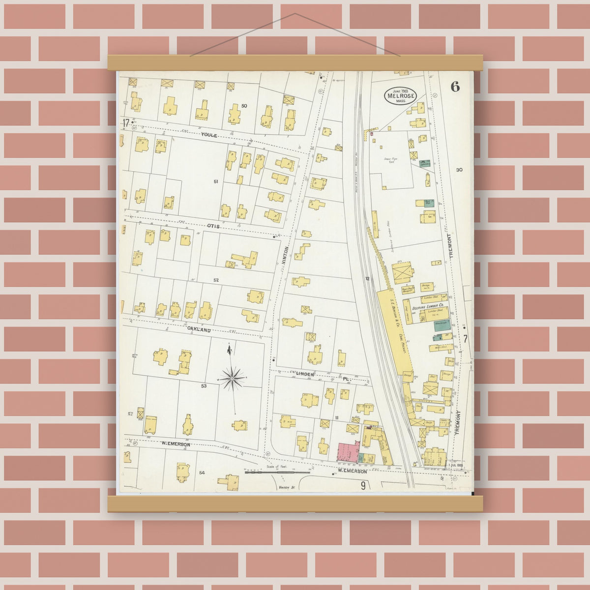 Old map wall art mockup — magnetic wood frame on brick wall — Sanborn Fire Insurance Map from Melrose, Middlesex County, Massachusetts (1903), Sheet #0006