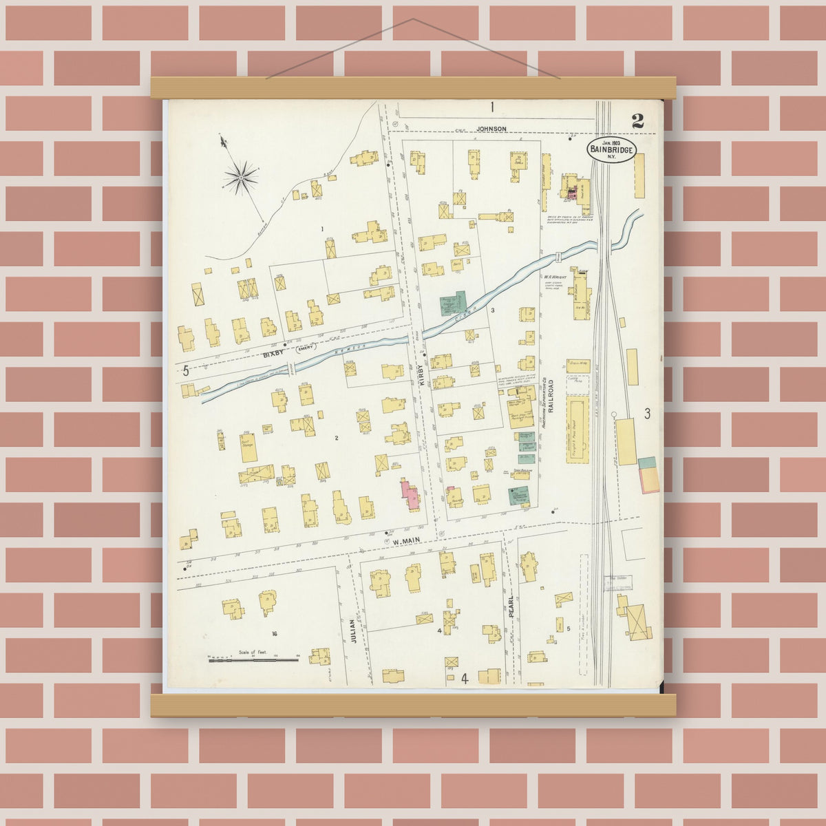Old map wall art mockup — magnetic wood frame on brick wall — Sanborn Fire Insurance Map from Bainbridge, Chenango County, New York (1903), Sheet #0002