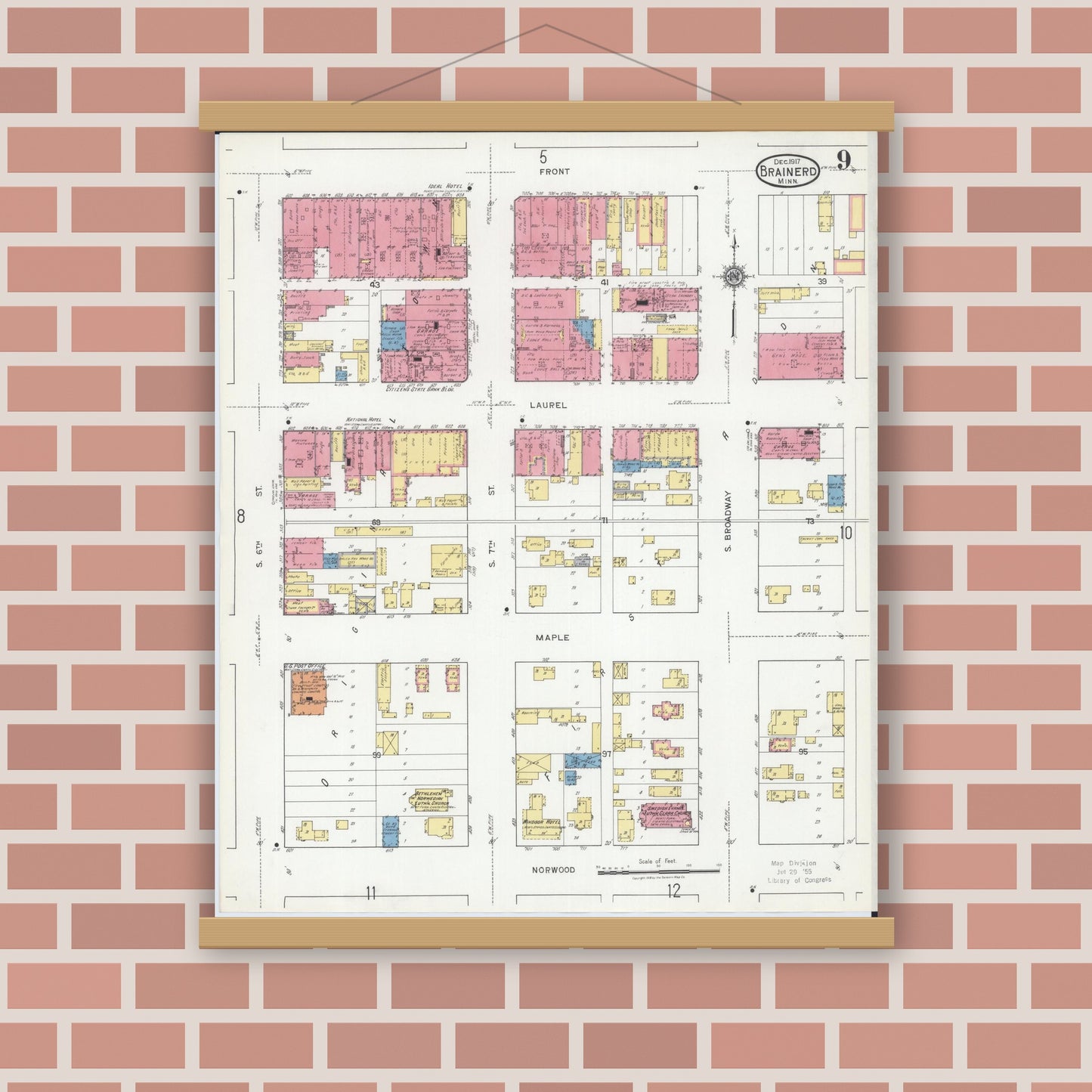 Old map wall art mockup — magnetic wood frame on brick wall — Sanborn Fire Insurance Map from Brainerd, Crow Wing County, Minnesota (1917), Sheet #0009