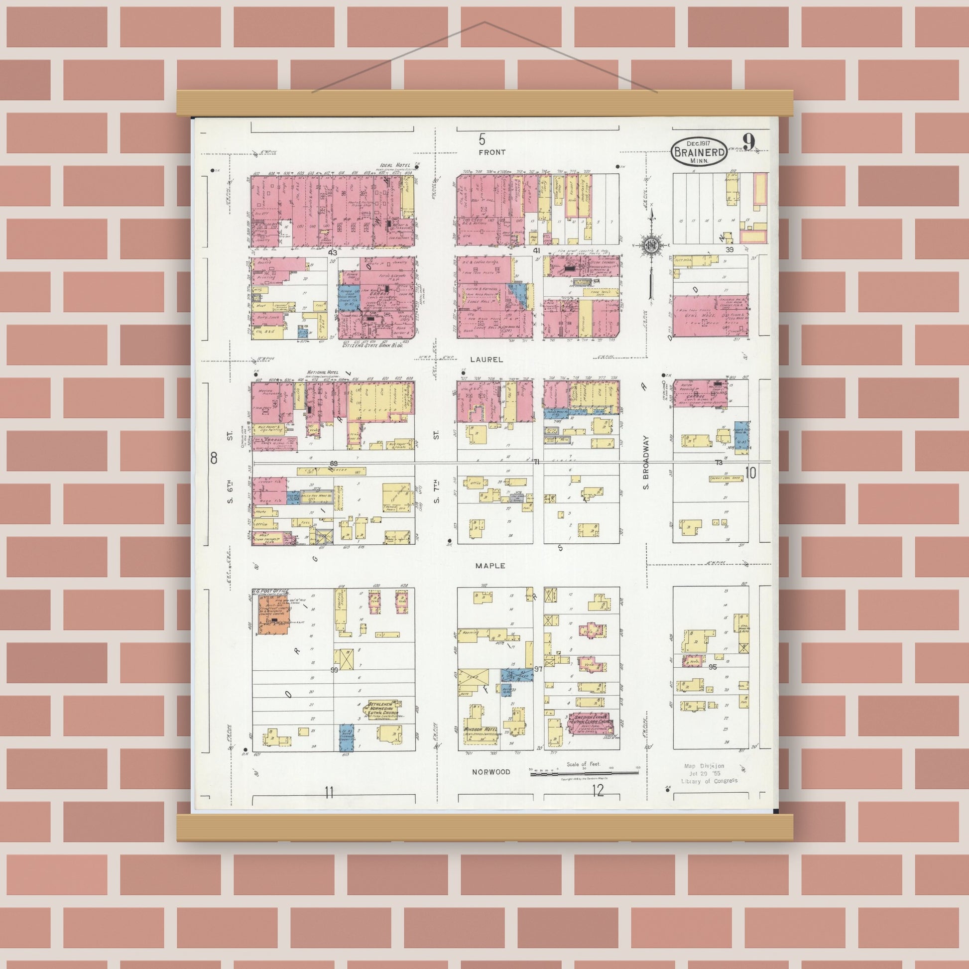 Old map wall art mockup — magnetic wood frame on brick wall — Sanborn Fire Insurance Map from Brainerd, Crow Wing County, Minnesota (1917), Sheet #0009