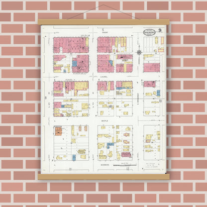 Old map wall art mockup — magnetic wood frame on brick wall — Sanborn Fire Insurance Map from Brainerd, Crow Wing County, Minnesota (1917), Sheet #0009
